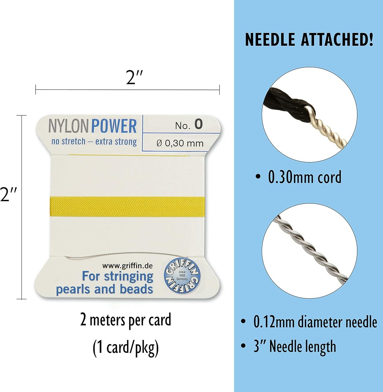 Griffin Nylon Bead Cord Perlseide – Size 0 (0.30mm) – 2 Meters per Card – Stainless Steel Needle Attached – for Knotting Pearls, Gemstones, Crystals and Beads